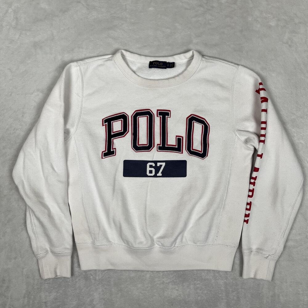 Polo Ralph Lauren Sweatshirt Women's Small White Fleece Crewneck Polo 67 Graphic